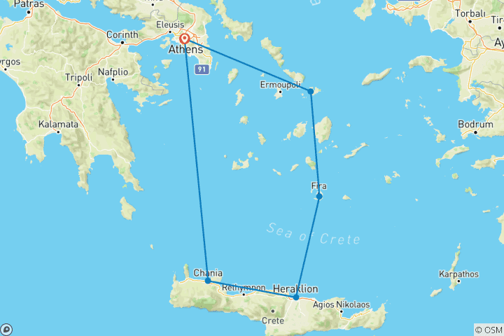 Carte du circuit MINOTAUR : Athènes, Mykonos, Santorin, Crète, Héraklion et Chania