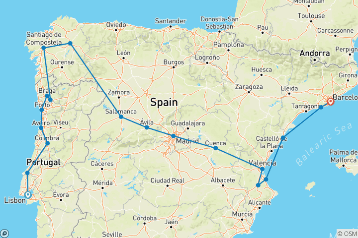 Map of Lisbon to Madrid, Valencia & Barca - 13 days