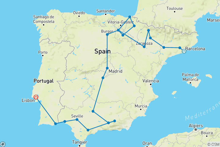 Kaart van Barcelona naar Lissabon  – 13 dagen