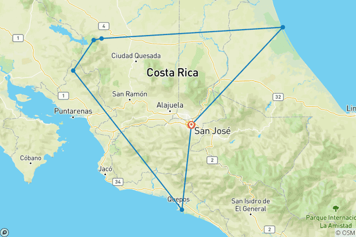 Map of Costa Rica Coast to Coast - 10 Days