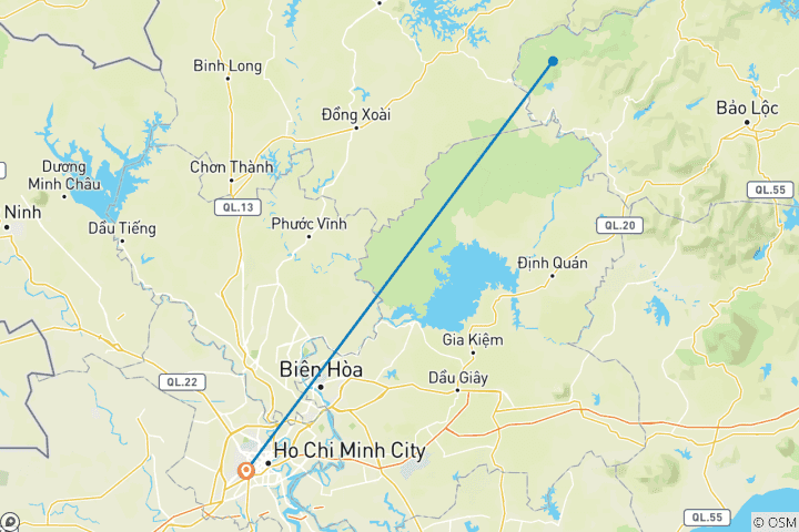 Carte du circuit 3 jours/2 nuits à Nam Cat Tien - Sentiers écologiques - Safari nocturne - Randonnée au gibbon - Lac des crocodiles - Excursion en bateau