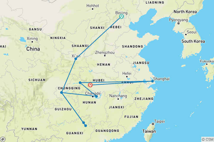 Carte du circuit Croisière de 14 jours sur le Yangtze et la rivière Li en famille (guide et chauffeur privés)