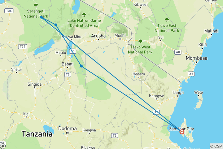 Karte von 5 Tage Flug ab Sansibar private Luxus-Safari Serengeti, Ngorongoro & Tarangire