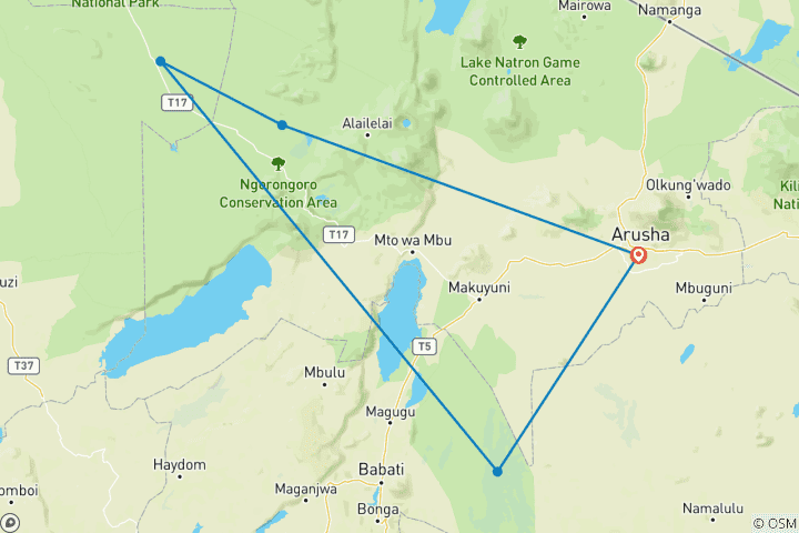 Karte von Tarangire, Serengeti & Ngorongoro private Safari 6 Tage