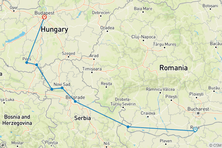 Carte du circuit Les joyaux de l'Europe du Sud-Est - 2026 - Départ de Giurgiu, fin à Budapest