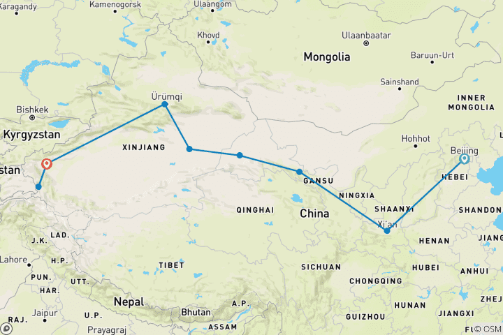 Carte du circuit Chine - Embarquez sur l'immémoriale route de la soie en famille - 16 jours (guide et chauffeur privés）