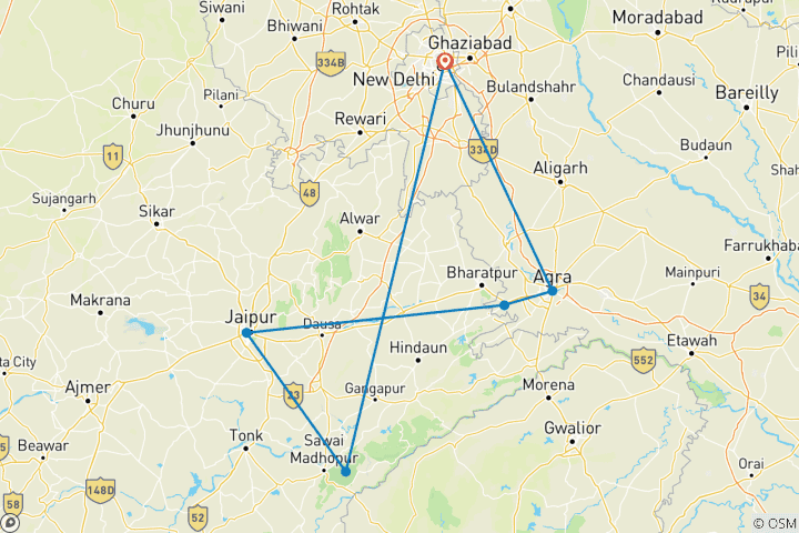 Mapa de El Triángulo de Oro de la India con el Parque Nacional de Ranthambore