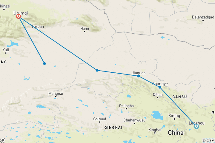 Map of 10 Days China Silk Road Tour from Lanzhou to Urumqi