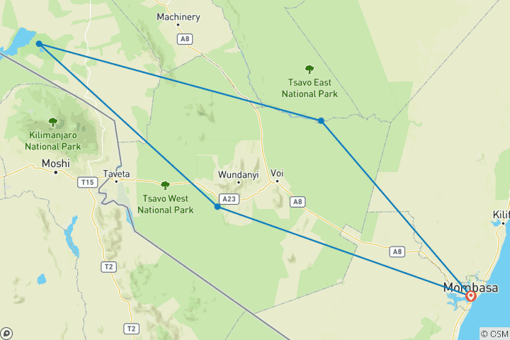 Map of 4 Days Prime Safari – Mombasa, Salt Lick Lodge, Tsavo East, Mombasa