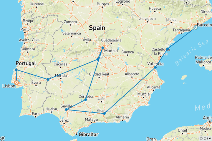 Kaart van Spanje's ers&Portugal (Lissabon naar Barcelona)