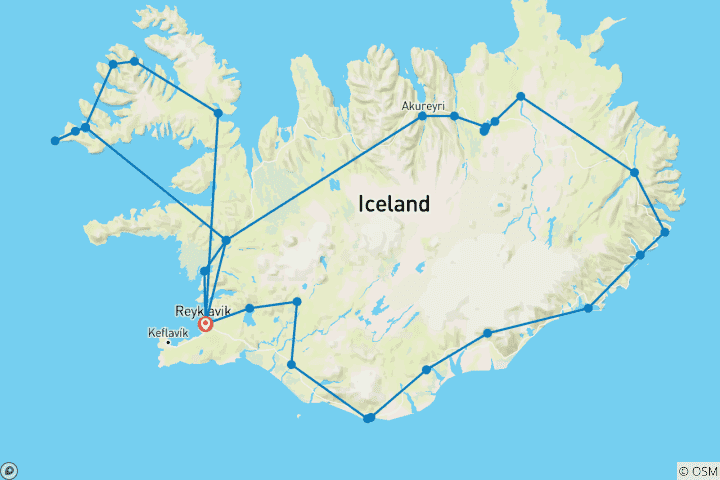 Mapa de Combo de 17 Días Círculo de Islandia y Fiordos Occidentales de Islandia