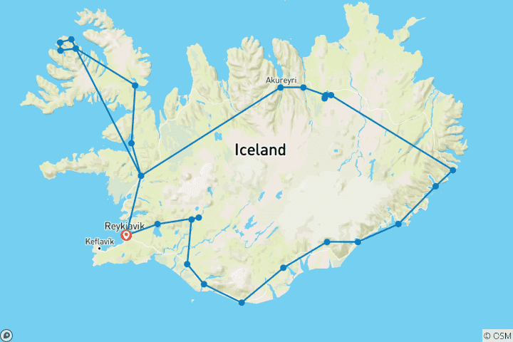 Carte du circuit Combo aurores boréales - Westfjords et circuit guidé de l'Islande - 12 jours