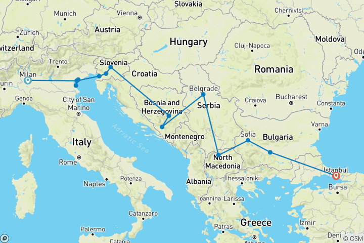 Map of Cruise & Rail: Milan, Venice, Istanbul & the Balkans (2025) (Milan to Istanbul, 2025)