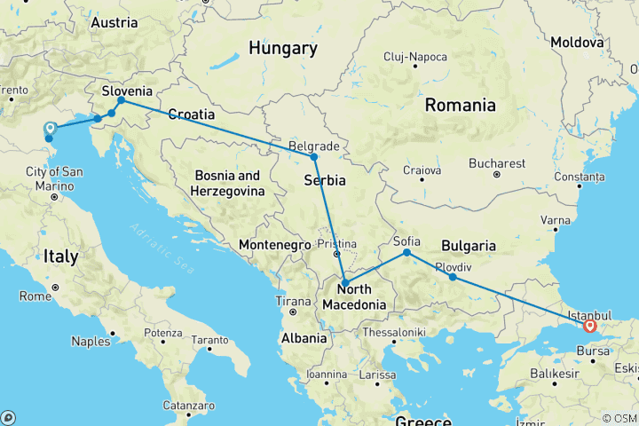 Carte du circuit Croisière et train : Venise, Istanbul et les Balkans (2025) (de Venise à Istanbul, 2025)