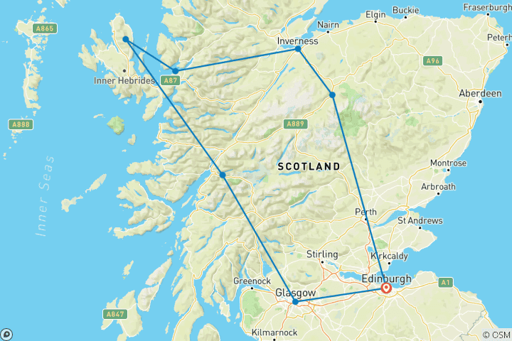 Carte du circuit Écosse en train 2025 - Départ d'Édimbourg