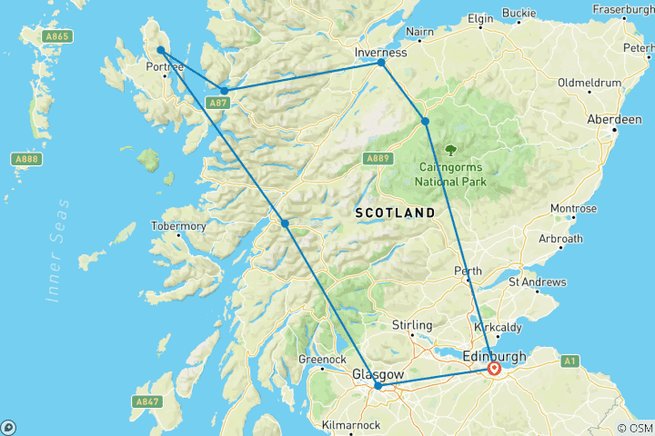 Carte du circuit Écosse en train 2025 - Départ d'Édimbourg