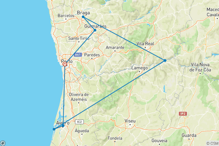 Map of 5 Day Porto Including Aveiro, Costa Nova, Douro Valley Cruise, Braga & Guimaraes