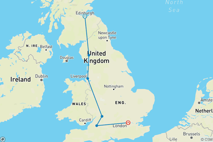 Karte von Die Küsten und Landschaften Englands mit dem Royal Edinburgh Military Tattoo, Liverpool & London (Edinburgh bis London)