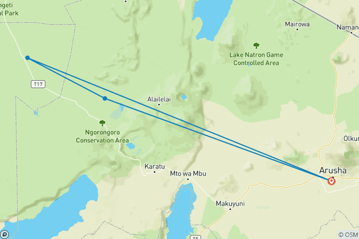 Karte von 5 Tage Gnuwanderung Fly-In Privatreise Mittelklasse-Safari