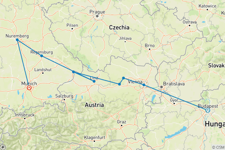 Carte du circuit Délicieux Danube Budapest → Nuremberg (2025)