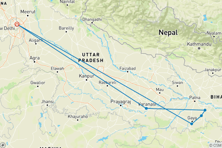 Mapa de Recorrido Budista Breve por el Norte de la India