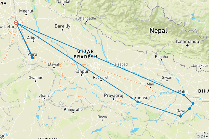 Kaart van Noord –India met boeddhistische Rondreis door