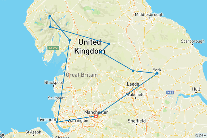 Mapa de 8 días en coche de alquiler por el norte de Inglaterra