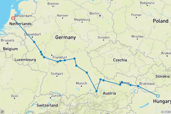 Map of Magnificent Europe 2026 Start Budapest, End Amsterdam