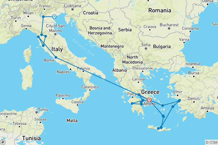 Carte du circuit Italie et Grèce avec une croisière emblématique dans les îles de la mer Égée