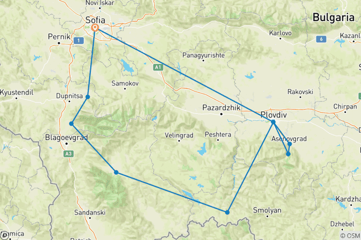 Carte du circuit Aventure entourée de beauté naturelle en Bulgarie