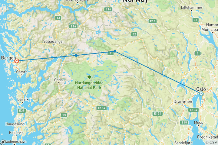 Kaart van Hoogtepunten van Hardanger - vliegen & rijden