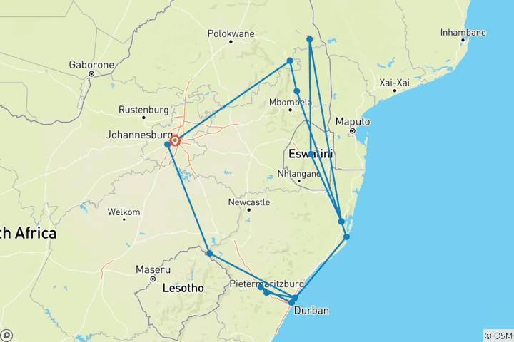 Karte von Rundreise durch Südafrikas Osten (inkl Flug)