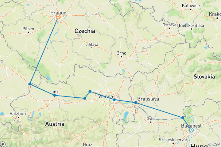 Carte du circuit Croisière classique sur le Danube et 2 nuits à Prague (Budapest - Prague)