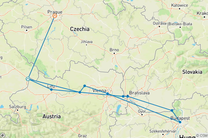 Map of Danube Rhapsody and Prague Extension (Passau - Prague)