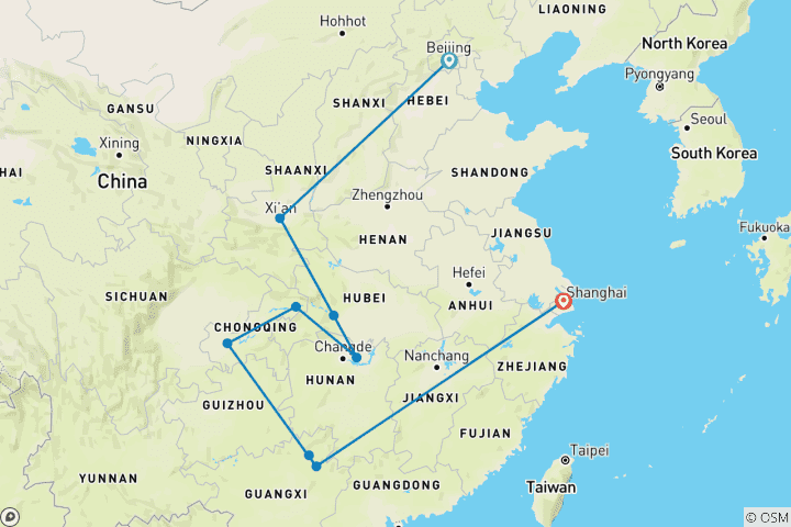 Map of 15 Days Upstream Yangtze Wonders with family (private guide & driver）