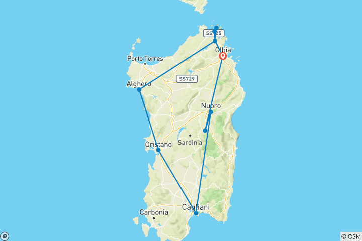 Map of 8-Day Rental Car Round Trip Through Sardinia