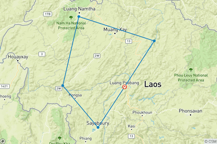Kaart van Fascinerende Luang Prabang motorRondreis door naar Nongkhiaw, Luang Namtha, Pak Beng