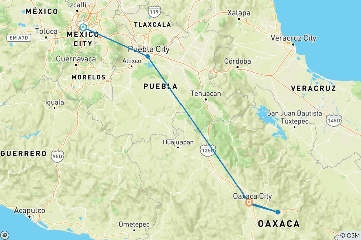 Carte du circuit Puebla, Oaxaca et Monte Alban depuis Mexico