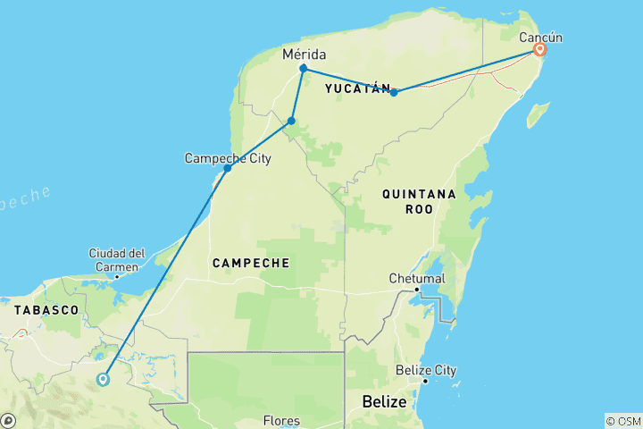 Map of Maya Heritage Route, from Palenque to Cancun