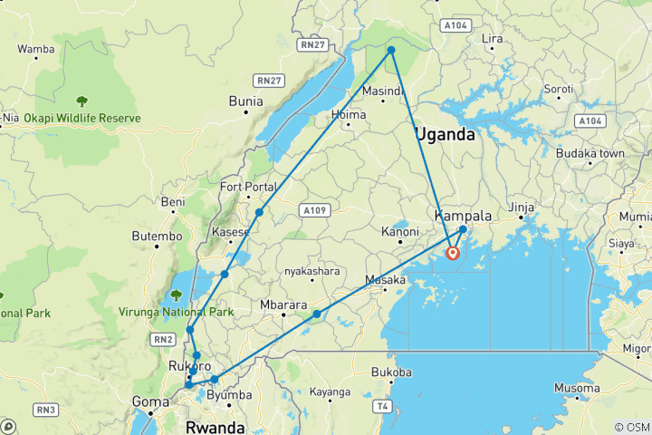 Map of Uganda: group tour 14 days