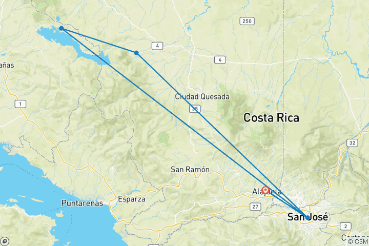 Karte von Costa Rica Abenteuer 8 Tage