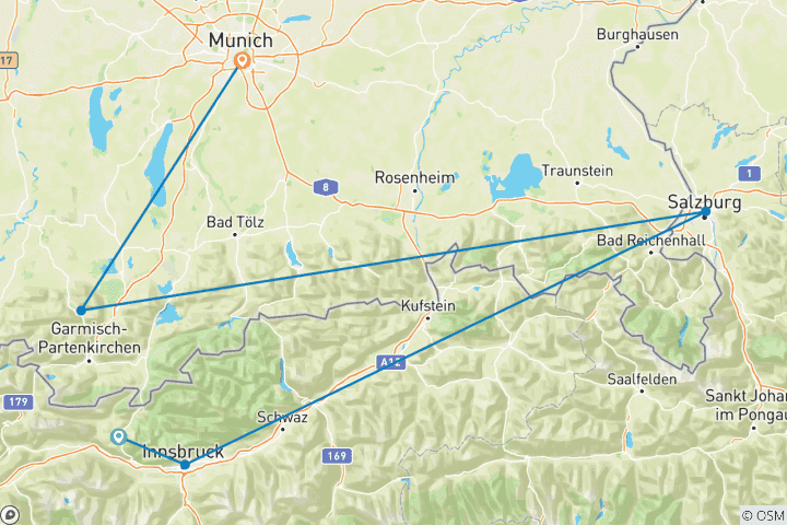 Carte du circuit Les marchés de Noël magiques d'Autriche et d'Allemagne (d'Innsbruck à Munich)