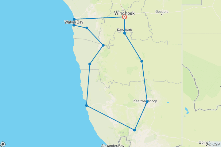 Mapa de 7 Días Sur de Namibia |CIrcuito de Acampada Privado Guiado