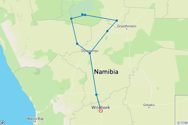 Kaart van 6 dagen safari in Namibië | Camping met privébegeleiding