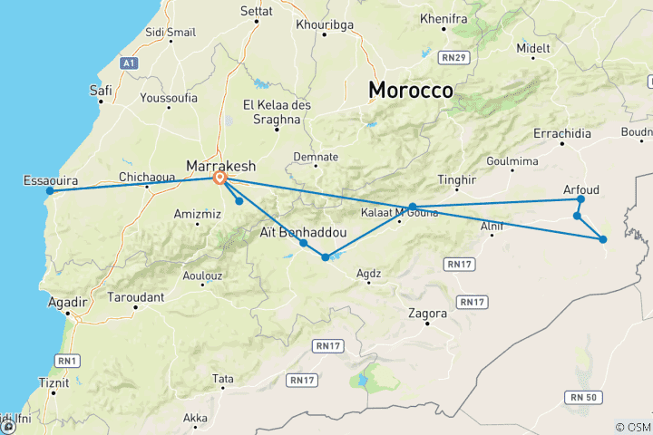 Kaart van 7-daagse privéreis Marokko en Saharawoestijn vanuit Marrakech