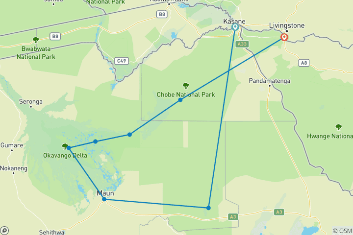 Carte du circuit Botswana : Circuit en groupe dans le delta de l'Okavango