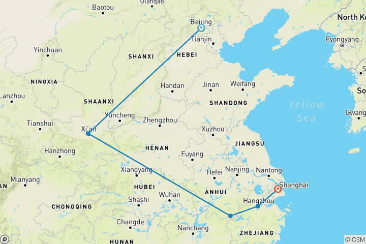 Carte du circuit 13 jours d'aventure dans l'est de la Chine et la montagne jaune en famille (guide et chauffeur privés）)