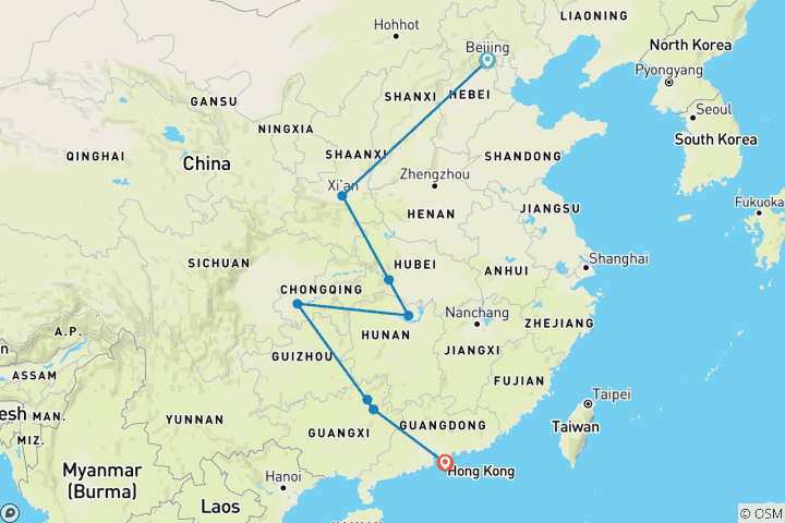 Carte du circuit 15 jours Anneau d'or de la Chine avec Hong Kong et famille (guide privé et chauffeur）)