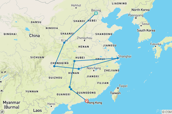 Map of 16 Days China Highlights with Yangtze & Family (private guide & driver）