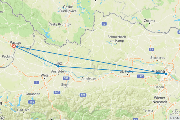 Karte von Weihnachtsmärkte entlang der Donau